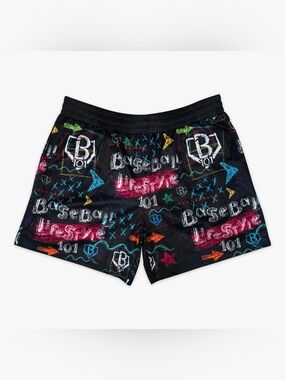 Kids Black Graphic Athletic Shorts with Multicolor Chalk Print